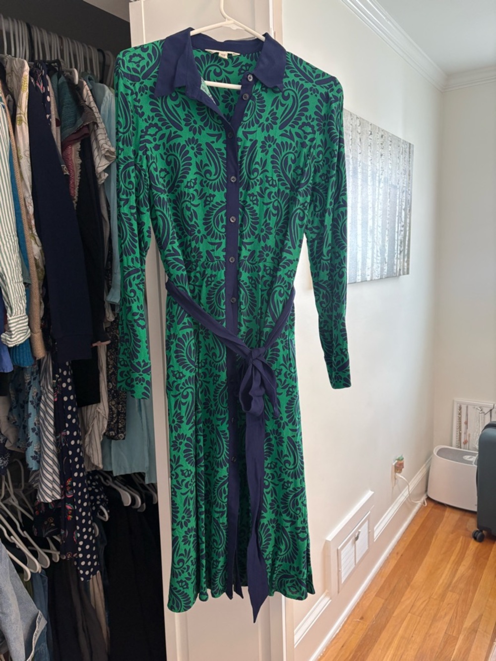 Boden Green & Navy Printed Midi Shirt Dress with Tie Waist